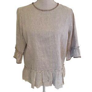 Joh Tan Linen Eyelet Ruffle Trim Blouse S NEW